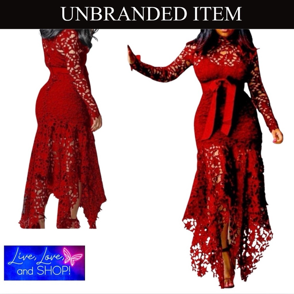 Red Hollow Floor-Length Lace-Up Asymmetrical Maxi Dress, EUC